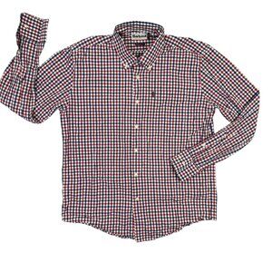 Barbour Bruce Shirt Mens Medium M Red White Blue Gingham Regular Fit Button Down